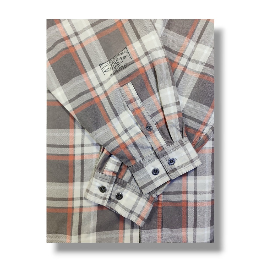 Harley Davidson Motorclothes Grey/Orange Plaid Button Down Long Sleeve Men's 2XL - Picture 15 of 16
